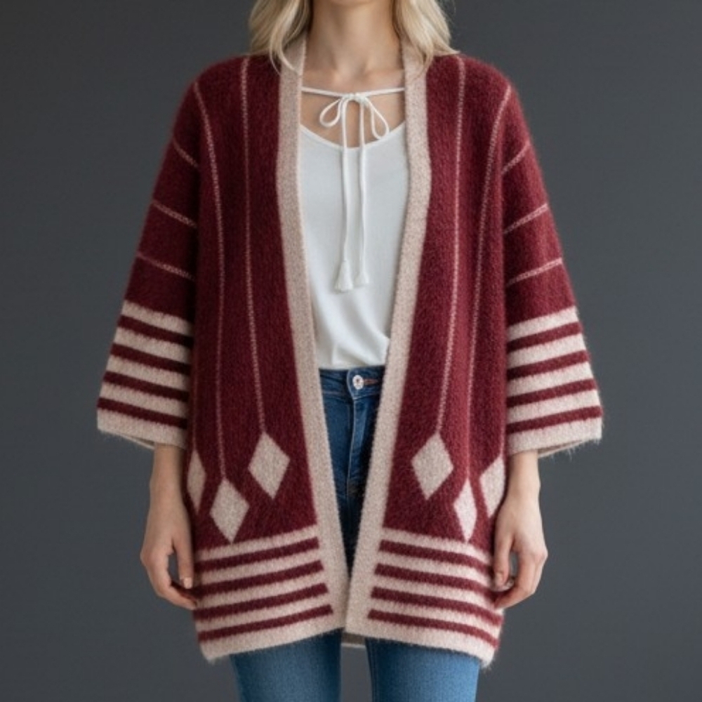 chloah Geometric Shaggy Eyelash Open Front Dolman Sleeve Varsity Cardigan